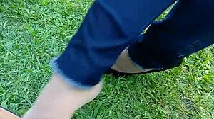 Detailed shoeplay and dipping featuring tan nylons and flats in see-through leggings