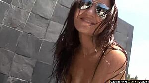 Horny Milfs in Lesbian Oil Spill at Outdoor Pool