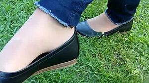 Detailed shoeplay and dipping featuring tan nylons and flats in see-through leggings