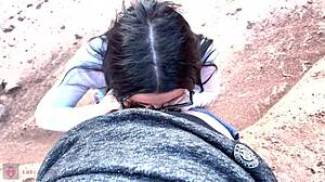 Skinny Girl In Glasses Gives Outdoor Blowjob