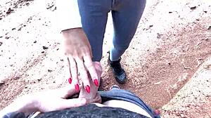 Skinny Girl In Glasses Gives Outdoor Blowjob