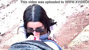 Skinny Girl In Glasses Gives Outdoor Blowjob