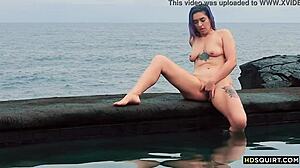 free spirit cat asstrophe squirts outdoors by shore