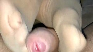 Homemade Sensual Footjob in Tan Stockings with Teasing Girlfriend