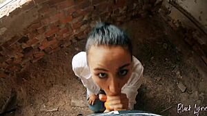 Long-haired teen gets fucked in the face in an abandoned house
