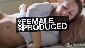 The camgirl tells her story while spitting on her big tits