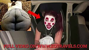 A white girl with chubby cheeks was fucked by a clown, showcasing intense throat action