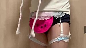 She's embarrassed but excited in her junior underwear, with anal play and nipple tweaking