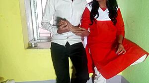 Desi schoolgirl gets slammed hard by classmate in quick classroom action with Hindi audio.