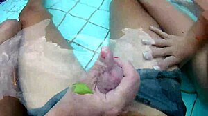 Amateur friends seduce fat big cock boy in pool for homemade threesome