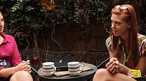 Two skinny redheads with small tits engage in hardcore lesbian kissing and licking tight pussies with hands and tongues