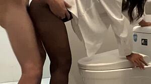 Boss Creampies Shaved Secretary Slut in Public Bathroom Cumshot