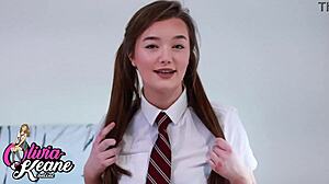 British teen student in uniform mocks small cock with femdom joi instructions