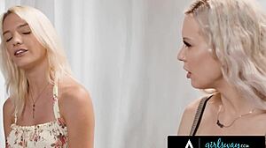 Busty milf Kenzie Taylor shares intense moments with blonde Kenna James in casting.