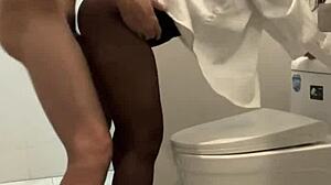 Boss Creampies Shaved Secretary Slut in Public Bathroom Cumshot