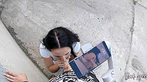 girlfriend asks to film her blowjob skills in pov, swallowing cum from neighbor