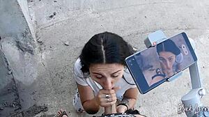 girlfriend asks to film her blowjob skills in pov, swallowing cum from neighbor