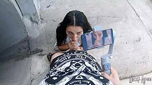 girlfriend asks to film her blowjob skills in pov, swallowing cum from neighbor