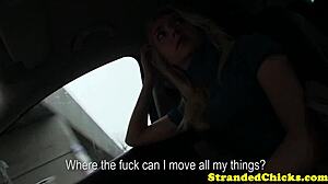young blonde hitchhiker boldly toys with cock in car