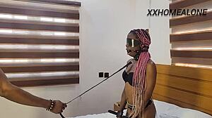 petite teen girl in submissive bondage scenario with large partner