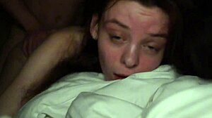 Skinny Brunette Slapped and Riding Monster Cock in Bedroom Screams