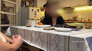 My husband jerks under the table in the kitchen