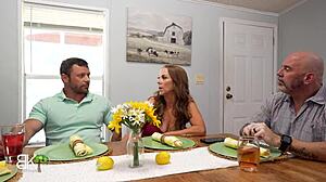 Stepmom seduces big cock stepson secretly while stepdad chats on work call 😈