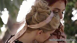 sensual redhead charlotte gets her hairy pussy licked by naughty blondie maya outdoors!