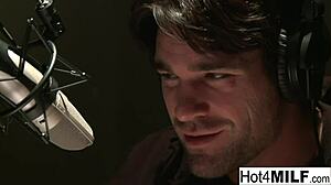 Busty blonde babe fucks him at work in lingerie