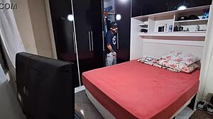 Cuckold husband invites friend to watch his wife in bedroom and joins the fun with blindfolded submissive play.