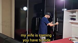 Cuckold husband invites friend to watch his wife in bedroom and joins the fun with blindfolded submissive play.