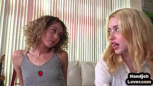 Tiny babes jerk my dick in hot threesome 😏