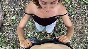 girlfriend sucking cock in forest for cum 😏