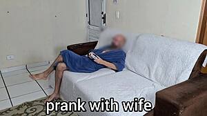 Cuckold husband invites friend to watch his wife in bedroom and joins the fun with blindfolded submissive play.