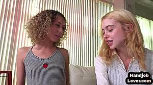 Tiny babes jerk my dick in hot threesome 😏