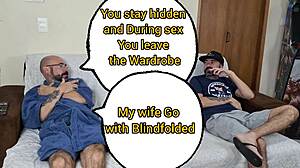 Cuckold husband invites friend to watch his wife in bedroom and joins the fun with blindfolded submissive play.
