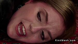 Damn! Chained lesbian sub takes anal strap-on pounding hard!