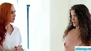 Redhead masseuse uses big tits to massage client