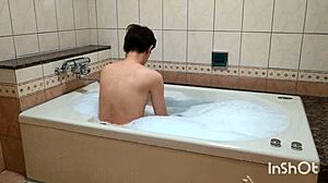 Watch busty mature babe suck cock intensely in bath!