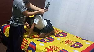 Found stepmother masturbating in apartment, asked for help completing homemade porn video