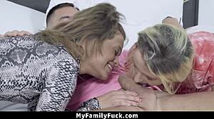 Horny stepsisters tease stepbrother into bedroom threesome