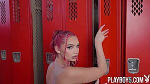 look at this big ass teen cheerleader stripping down to nothing in her uniform