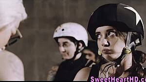 Lesbian teens eat out in locker room threesome.