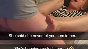 Wife sucks and jerks husband's cock till he cums on her face, tits, sucking, blowjob, handjob, homemade, natural tits, cum covered, european, face fucking