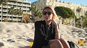 Anouk, a blonde milf with big tits and small waist, gets excited for her first anal fucking in lingerie.