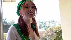 Athena Rayne in uniform riding and deepthroating for a cumshot.