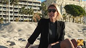 Anouk, a blonde milf with big tits and small waist, gets excited for her first anal fucking in lingerie.