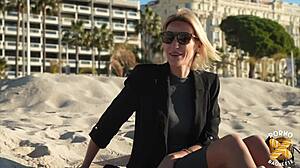 Anouk, a blonde milf with big tits and small waist, gets excited for her first anal fucking in lingerie.