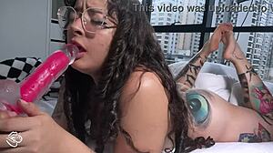 Nerdy girl with hairy pussy fingers herself hard until she squirts everywhere