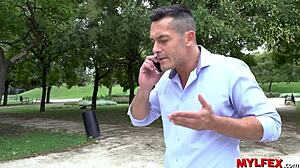 Mylfex chubby milf hooks up for rough park action.